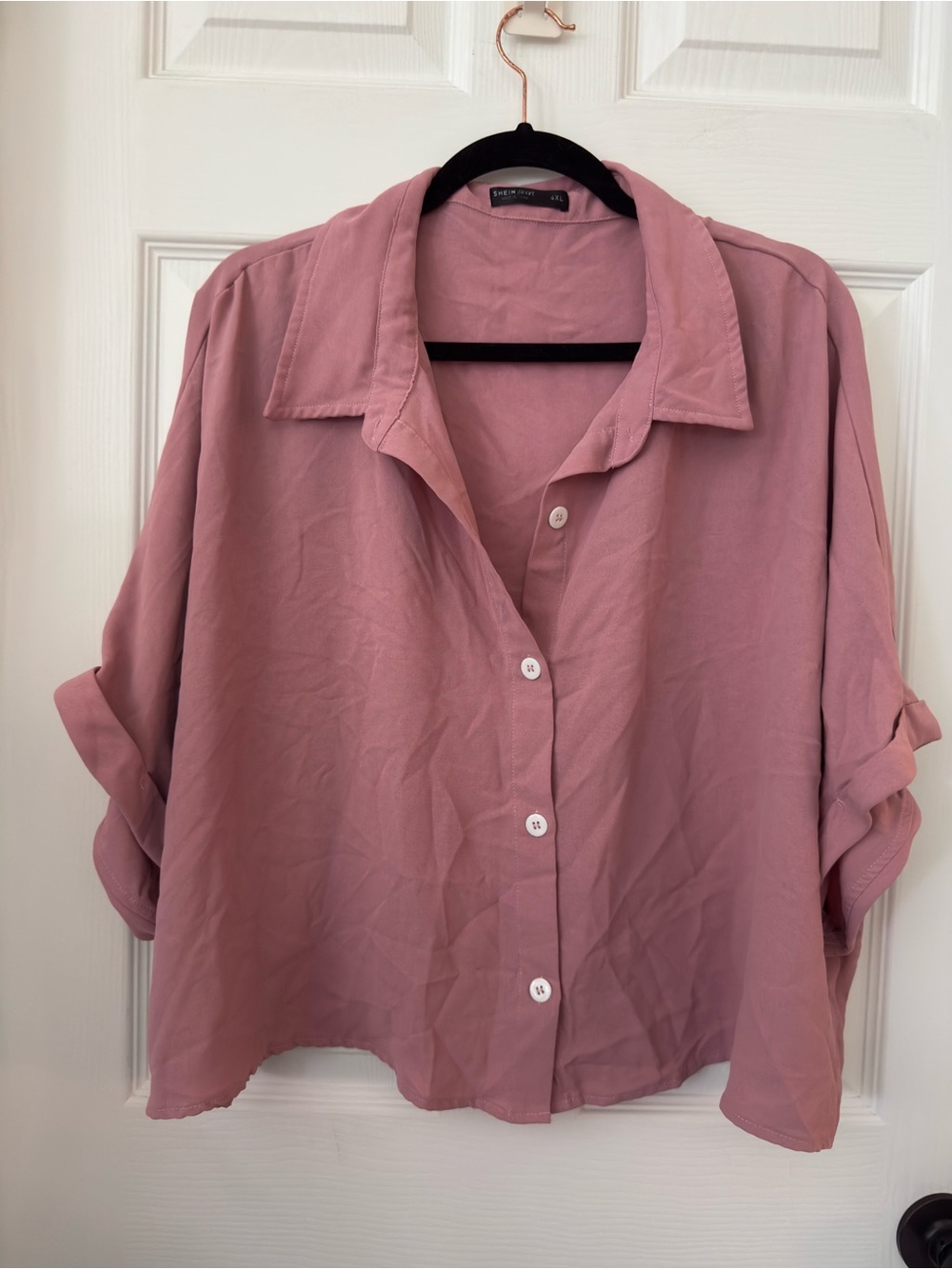 Dusty Rose Button Front Blouse Relaxed Short Sleeve Top